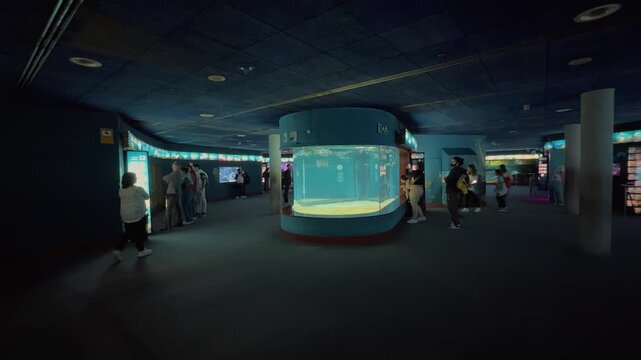 Visitors walk along a moving pathway through a transparent underwater glass tunnel, observing swimming fish and diverse marine life inside a large, captivating modern public oceanarium 