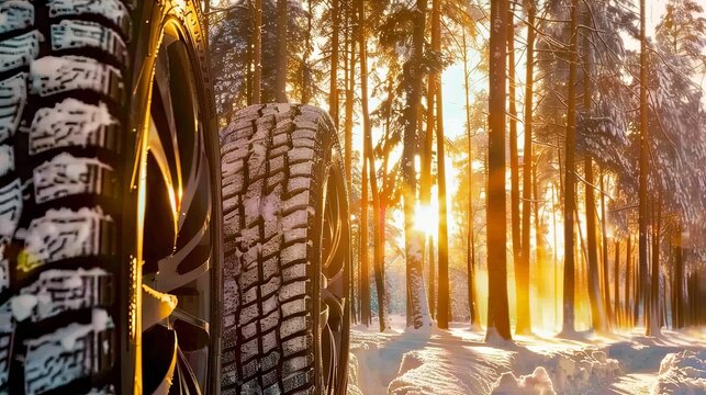 Winter tires positioned in snow with a softly blurred forest backdrop for seasonal vibes