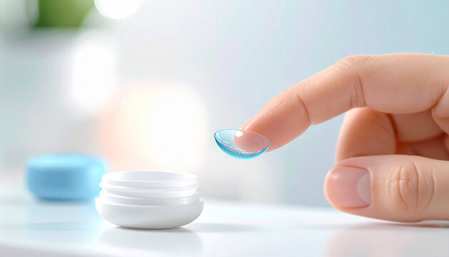 A finger holds a blue tinted contact lens above its case, evoking a sense of hygiene and precision. Perfect for optometry, vision health care, and clear sight themes in a medical setting.