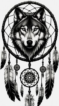 Detailed wolf head adorns a dreamcatcher. Feathers and intricate patterns hang below. Black and white art for spiritual, tribal, or bohemian themes.