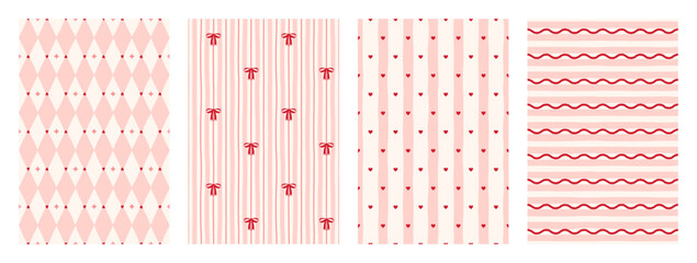 Fototapeta na wymiar Cute pastel pink set of seamless pattern with tiny heart and bow. Hand drawn irregular lines backgrounds. Coquette girly print for textile, fabric and wrapping paper. Vector illustration