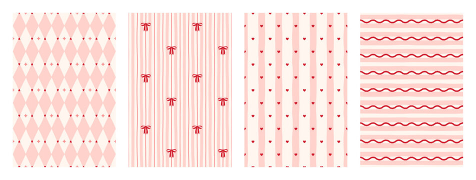 Cute pastel pink set of seamless pattern with tiny heart and bow. Hand drawn irregular lines backgrounds. Coquette girly print for textile, fabric and wrapping paper. Vector illustration