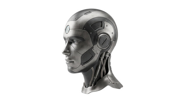Futuristic humanoid cyborg head metallic robot portrait isolated on white background high resolution PNG