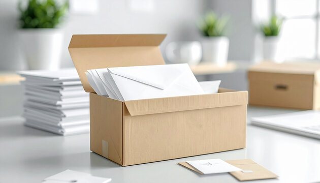 A cardboard box filled with white envelopes sits on a clean desk, no people. This office scene evokes professional organization, efficient correspondence, and logistics. Perfect for business themes.