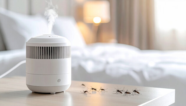 Modern white mosquito repellent device emits protective vapor in a cozy bedroom, no people. Effective insect control concept creating a peaceful atmosphere for rest and safety in a home setting.