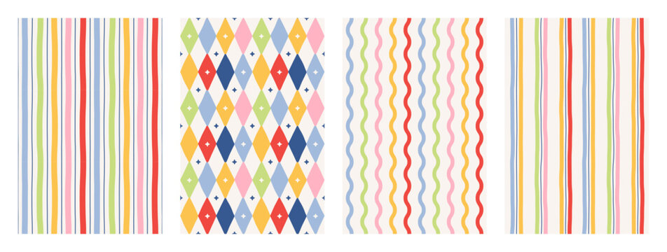 Colorful circus seamless pattern set. Hand drawn irregular stripes, wavy lines and harlequin diamonds with stars. Retro carnival geometric background. Print for textile and fabric. Vector illustration