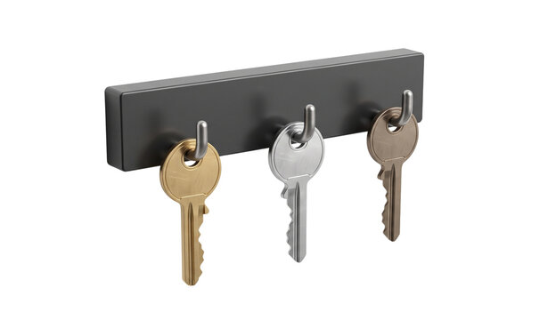 Modern wall-mounted key holder rack with three metal keys isolated on white background PNG transparent cutout for professional home organization and real estate concepts