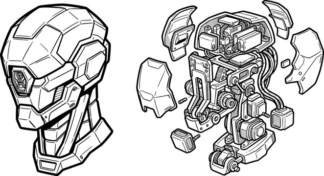 Quadruped robot vector design, detailed black and white multi-angle technical illustration of an advanced robotic hound with articulated legs graphic