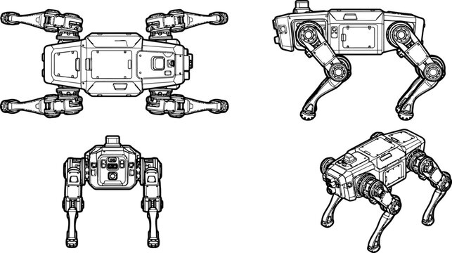 Quadruped robot vector design, detailed black and white multi-angle technical illustration of an advanced robotic hound with articulated legs graphic