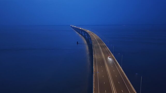 Aerial View of Illuminated Padma Bridge at Blue Hour Over Padma River, Bangladesh