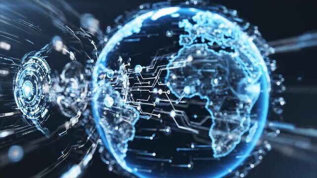 Digital Earth network rotating with glowing connections in abstract futuristic technology background