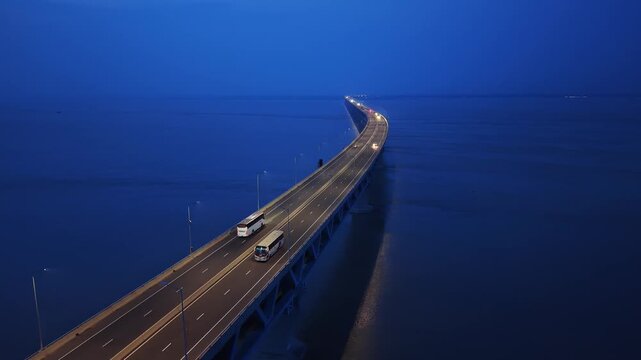 Cinematic 4K Aerial Footage of Padma Bridge at Blue Hour with Highway Traffic, Bangladesh