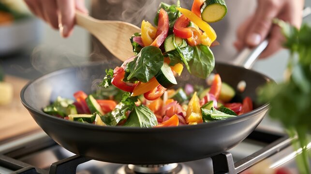 Person saut	ext{e}ing fresh colorful vegetables in a frying pan on a stovetop
