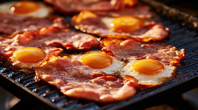 Crispy bacon and sunny-side-up eggs sizzling together on a hot grill