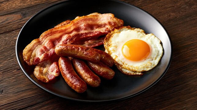 Hearty breakfast plate with crispy bacon, sausages, and a sunny-side-up egg
