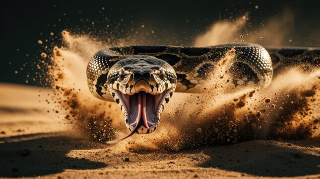Aggressive python lunges forward with open mouth kicking up dust. Serpent predator attacks from sand in dramatic motion blur. Fierce reptile hunt, wild nature, survival instinct, danger.