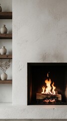 Obraz premium Modern fireplace burns wood logs in minimalist interior. White textured wall surrounds hearth with warm flames, decorative shelves with vases add style. Rustic home decor elements create cozy