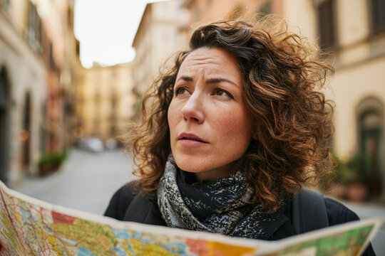 Close-up of a persons face looking at a real paper map