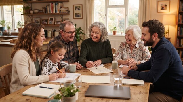 A multi-generational family gathers around a wooden table, engaged in conversation and shared activity, fostering a warm and connected atmosphere.