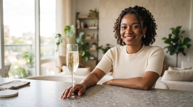 A smiling woman with locs sits confidently at a kitchen island, a glass of champagne beside her, in a modern, bright home interior.