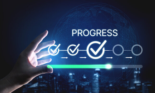 Hand Reaching Towards Progress Indicator with Check Marks and Abstract Globe Background in Dark Blue Tones for Concept of Achievement and Growth. Bitwise.