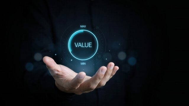 Digital interface displaying value adjustment dial hovering above open human palm for business growth and professional optimization strategy development concepts