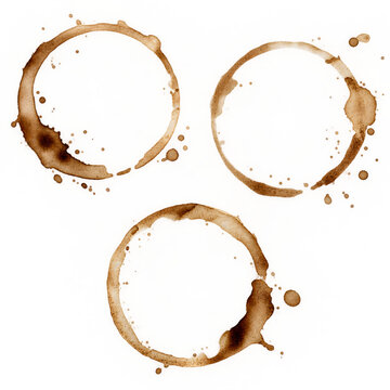 Realistic brown coffee cup ring stains and liquid marks with irregular edges, perfect for vintage, messy and grunge graphic designs.