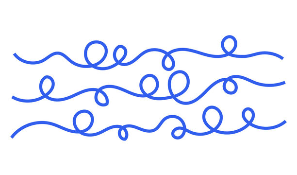 Abstract Wavy Line Pattern with Flowing Blue Curves and Organic Squiggles Creating Dynamic Horizontal Movement Across White Background. Continuous Squiggle Scribble Swirl Tread Lines
