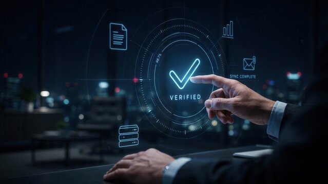 Business professional interacting with glowing holographic verification interface showing blue checkmark icons inside dark office setting during late night shift