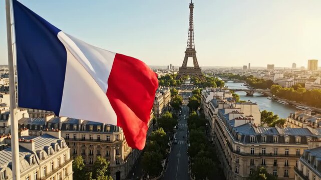 French flag waving with Eiffel Tower in background