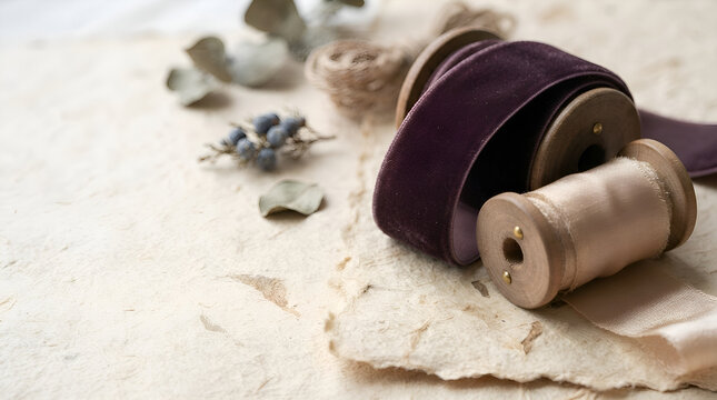 Vintage wooden spool with burgundy fabric ribbon and scattered buttons on neutral linen surface