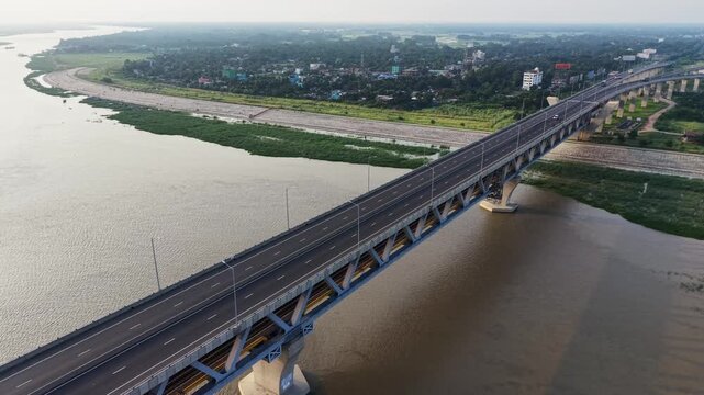Aerial View of Padma Bridge and Padma River Wetlands at Golden Hour, Bangladesh