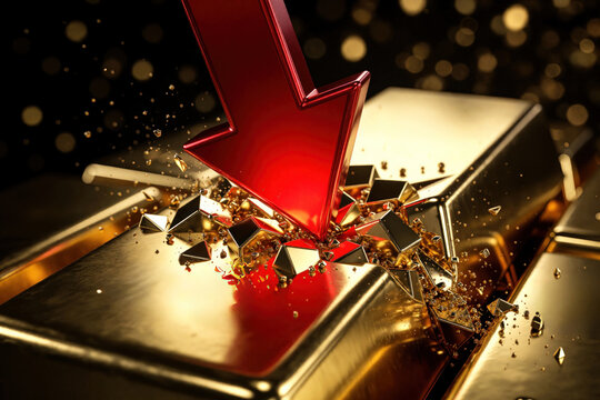 Red arrow crashes into gold bars breaking them. Concept of financial crisis market recession and gold value drop. Economic downturn and investment risk.