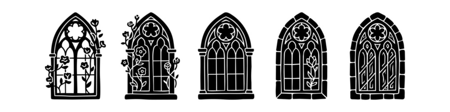 Set of black gothic window silhouettes with climbing rose vines. Medieval cathedral and church arched window frames in linocut graphic style isolated on white.