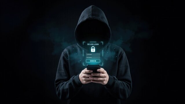 Anonymous hooded hacker using mobile smartphone to bypass secure login authentication with glowing blue digital interface in dark black background