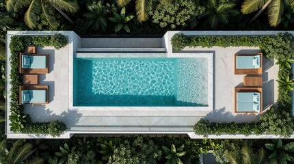 Obraz premium Top view of luxury rooftop pool surrounded by lush green plants and modern lounge chairs. Serene aqua water reflects sunlight. This oasis offers ultimate relaxation and upscale vacation vibes.