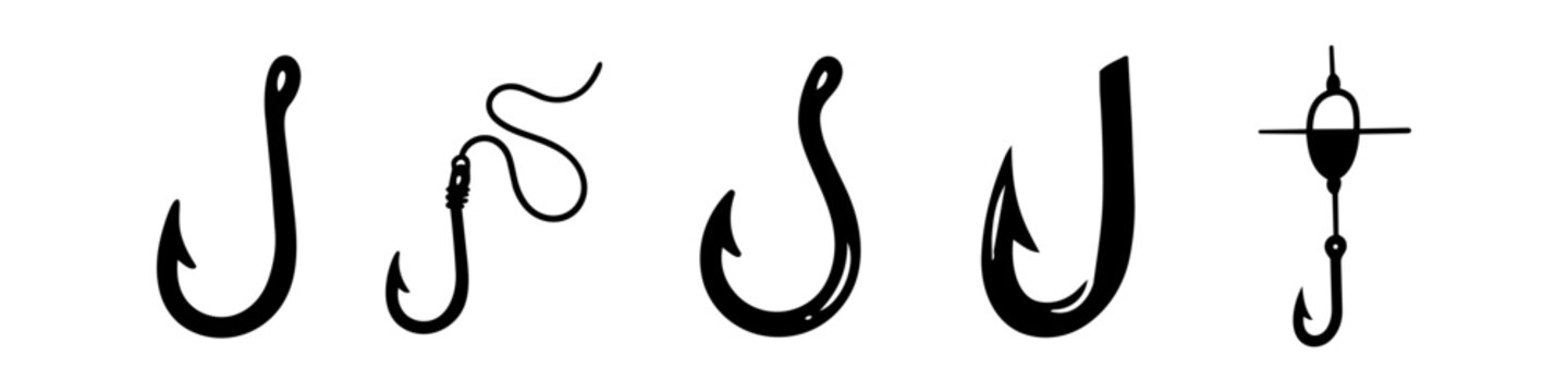 Set of black fishing hook icons, tackle, line, and bobber vector silhouettes isolated on a white background.
