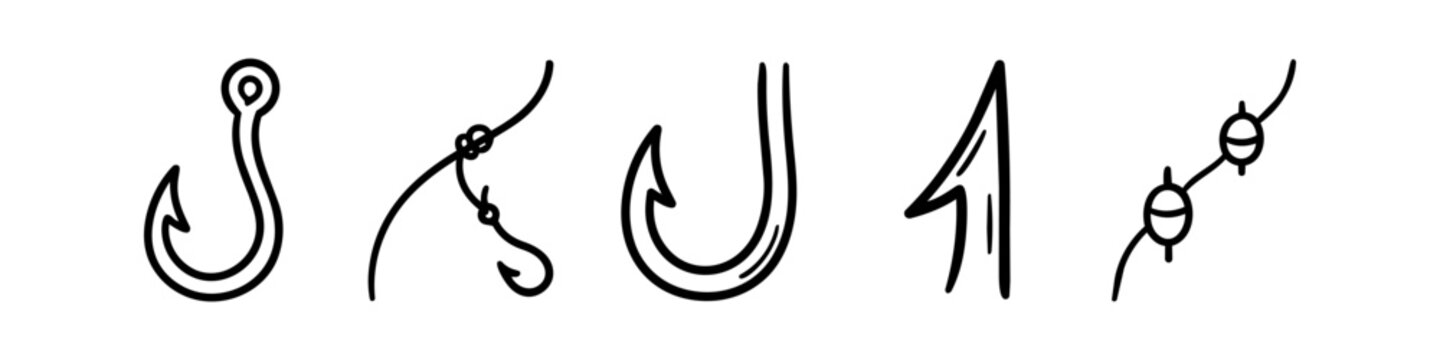 Hand-drawn fishing gear icons set featuring fishing hooks, lines, floats, and tackle in simple black line art doodle style on a white background.