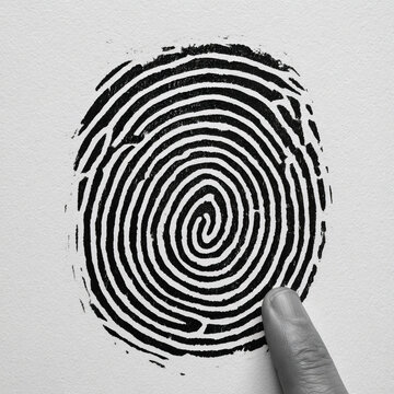 Linocut of a labyrinthine thumbprint symbol of identity