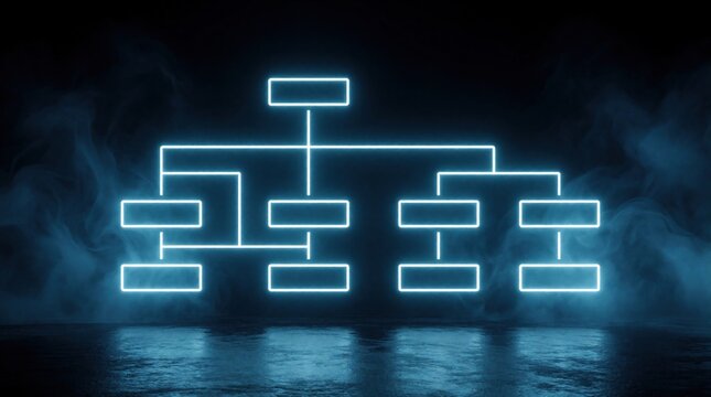 Abstract glowing blue hierarchy flow chart on dark background with smoke. Digital network diagram shows data organization, structure through neon lines, boxes. Modern tech concept illustrates system