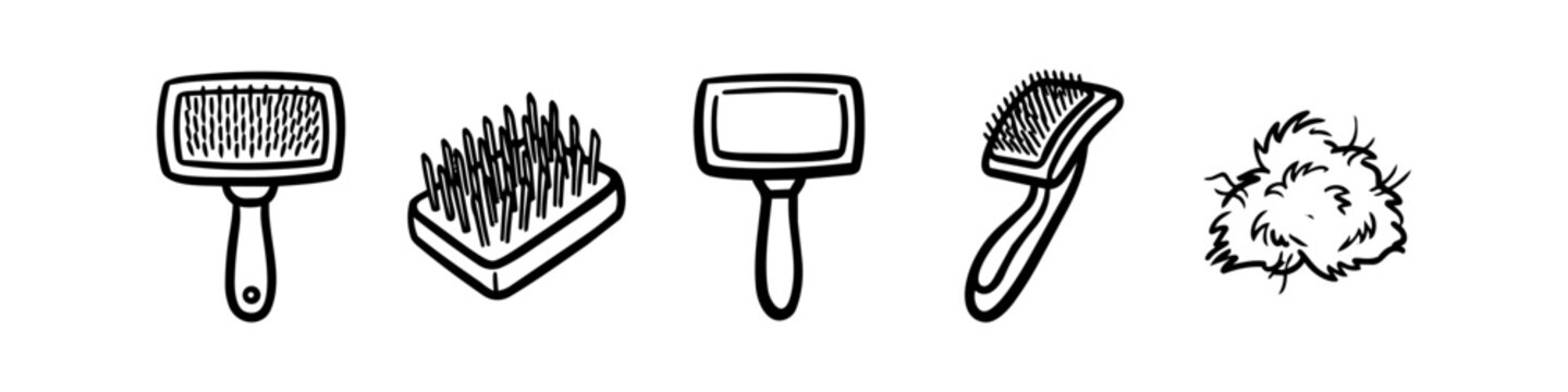 Hand-drawn pet grooming slicker brushes and shed fur icons in doodle line art style isolated on white background.