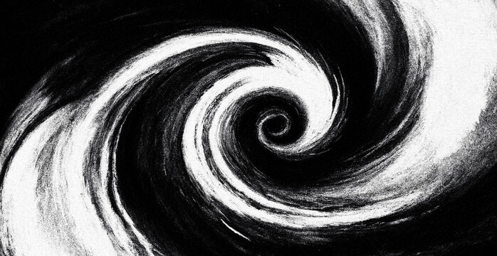 Abstract black and white spiral pattern with high contrast grainy texture for graphic design background