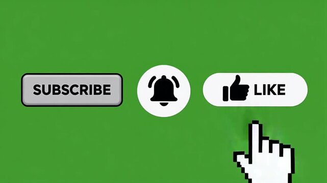 Social media call to action buttons on green screen, subscribe and like icons with notification bell, digital marketing video overlay