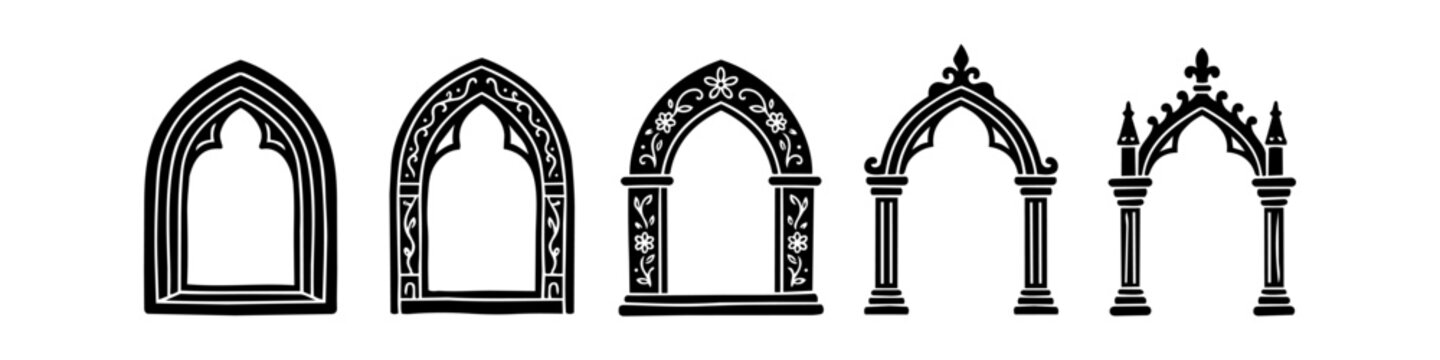 Set of decorative gothic arch window frames and doorways with medieval architectural elements, floral motifs, and columns, hand drawn black silhouette vector illustration.