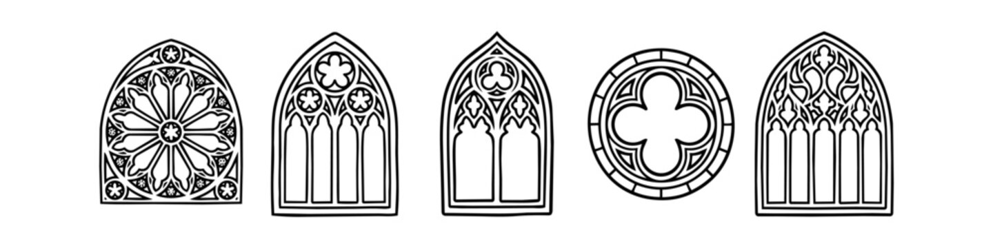 Set of gothic window frames and architectural arches in hand-drawn black line art style, isolated on white background.