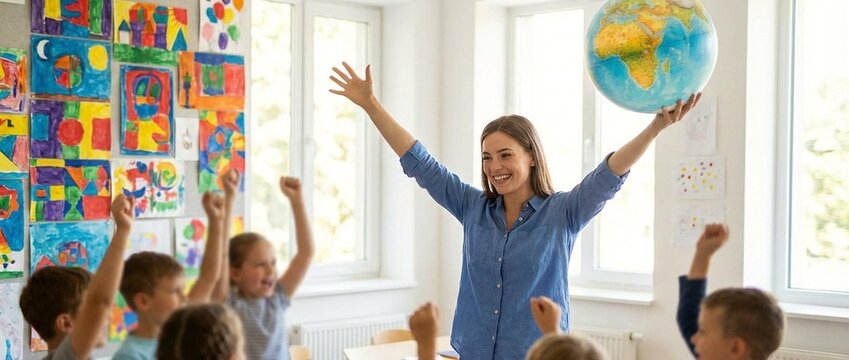 Young female teacher of Caucasian ethnicity holding globe while teaching diverse group of elementary school children in colorful classroom environment with educational artwork on walls