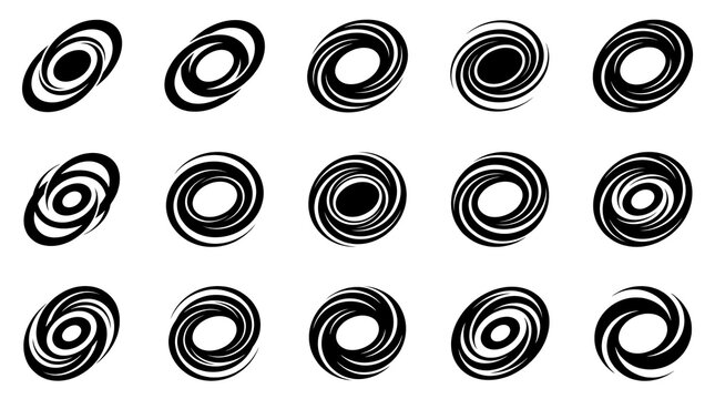 Minimalist spiral galaxy icons set, black celestial vortex shapes on white background, 15 abstract space swirl symbols for graphic design