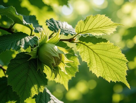 Green hazelnut grows on tree branch among vibrant green leaves. Sunlight shines through foliage creating natural background. Nut ripens on bush in garden.