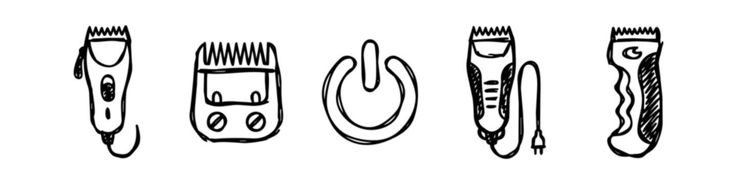 Hand-drawn doodle icons of electric hair clippers, trimmer blade attachment, and a power button, isolated on a white background.