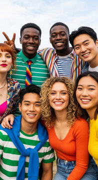 Group of young diverse people smiling, showcasing unity and friendship with vibrant clothing and clear sky backdrop, symbolizing connection and joy